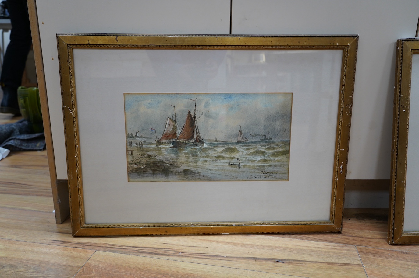 John Callow O.W.S. (1822-1878), pair of framed watercolours, ‘Morning on the Thames’ and ‘Dutch Coast’, 24 x 46cm. Condition - fair to good